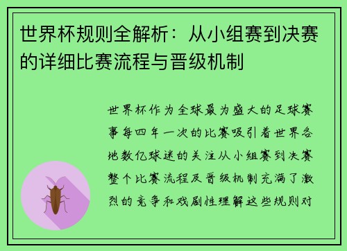 世界杯规则全解析：从小组赛到决赛的详细比赛流程与晋级机制